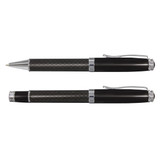 A set of two black pens with a sleek carbon fibre design and silver accents, featuring a logo on one pen.