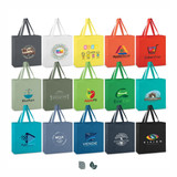 A variety of colourful tote bags featuring different logos and designs, including shades of grey, red, green, and blue.