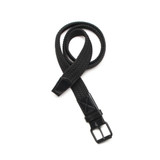 A black woven mesh belt with a square buckle and a leather tip. It features a branded logo.