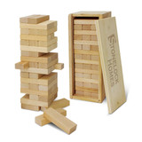 A set of wooden blocks in various shapes and sizes, packaged in a light wooden box with a lid.