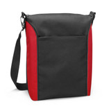 A cooler bag with a black front and red sides, featuring a shoulder strap and a front pocket. A cooler bag with a black front and red sides, featuring a shoulder strap and a front pocket.