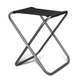 A folding stool with a black fabric seat and a lightweight metallic frame. A folding stool with a black fabric seat and a lightweight metallic frame.
