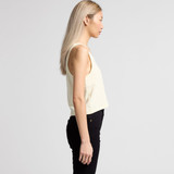 A side view of a women's cropped singlet in a soft yellow colour, featuring a simple design and a logo.