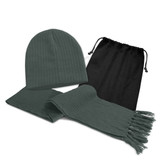 A grey ribbed beanie and matching scarf set, accompanied by a black drawstring pouch. A grey ribbed beanie and matching scarf set, accompanied by a black drawstring pouch.