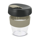 A drink bottle featuring a clear body with a black lid and a beige silicone band. It has a logo on the side.