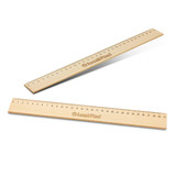 A wooden 30cm ruler in natural wood finish, featuring engraved markings and a logo. A wooden 30cm ruler in natural wood finish, featuring engraved markings and a logo.