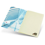 A medium notebook with a blue and white cover design and lined pages, featuring a logo on the bottom right. A medium notebook with a blue and white cover design and lined pages, featuring a logo on the bottom right.