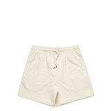 A pair of cream-coloured sports shorts with an elastic waistband and drawstring, featuring a logo.