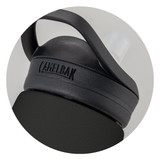 A drink bottle with a sturdy black body and a spout, featuring a logo on the lid.