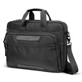 A black laptop bag with dual handles and a removable shoulder strap, featuring multiple compartments and a logo. A black laptop bag with dual handles and a removable shoulder strap, featuring multiple compartments and a logo.