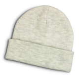 A light grey beanie with a folded cuff, featuring a subtle textured pattern and a small logo. A light grey beanie with a folded cuff, featuring a subtle textured pattern and a small logo.