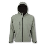 A green softshell jacket featuring a hood, zippered pockets, and a logo on the front. A green softshell jacket featuring a hood, zippered pockets, and a logo on the front.