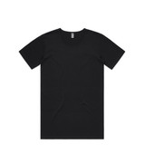 A black T-shirt with a round neck and short sleeves, featuring a logo.