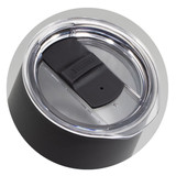 A drink bottle featuring a black stainless steel body and a clear lid with a black sliding opening.