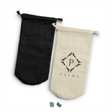 A drink bottle gift bag in black and cream cotton, featuring a logo on the cream bag.