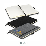 A grey felt hard cover notebook with an elastic band, featuring an open and closed view. It has a logo on the cover. A grey felt hard cover notebook with an elastic band, featuring an open and closed view. It has a logo on the cover.