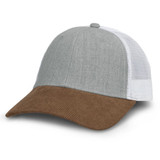 A grey corduroy cap with a brown peak and a white mesh back. The cap features a logo on the side. A grey corduroy cap with a brown peak and a white mesh back. The cap features a logo on the side.