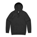 A black hoodie featuring a kangaroo pocket and a hood, with a logo on the front.