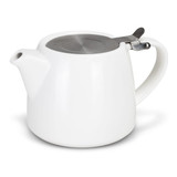 A white teapot with a stainless steel lid and spout. It has a sleek, modern design and includes a handle. A white teapot with a stainless steel lid and spout. It has a sleek, modern design and includes a handle.