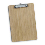A bamboo clipboard with a silver metal clip, showcasing a natural wood finish and smooth surface. A bamboo clipboard with a silver metal clip, showcasing a natural wood finish and smooth surface.
