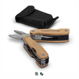 A wooden multi-tool with pliers and a black pouch, featuring wood and metal finishes. It has a branding logo. A wooden multi-tool with pliers and a black pouch, featuring wood and metal finishes. It has a branding logo.