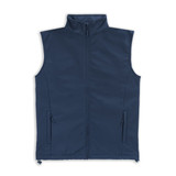 A navy blue vest with a high collar and zip closure, featuring two side pockets and a branding logo.
