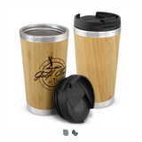A bamboo double wall cup in natural bamboo and stainless steel, featuring a black lid and a logo.