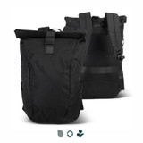 A black roll-up computer backpack featuring multiple compartments and adjustable straps. Includes a logo on the front.