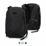 A black business computer backpack with padded straps and a logo, featuring a sleek, minimalist design.