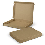 A brown cardboard die cut box with a locking lid, shown open and closed, featuring a simple design and no branding. A brown cardboard die cut box with a locking lid, shown open and closed, featuring a simple design and no branding.