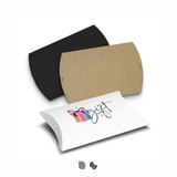 Three medium pillow boxes in black, kraft brown, and white with gift box design featuring a logo. Three medium pillow boxes in black, kraft brown, and white with gift box design featuring a logo.