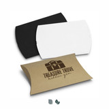A collection of three large pillow boxes in black, white, and kraft brown with a logo on one. A collection of three large pillow boxes in black, white, and kraft brown with a logo on one.