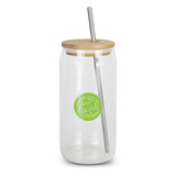 A glass tumbler with a bamboo lid and stainless steel straw, featuring a green logo design. A glass tumbler with a bamboo lid and stainless steel straw, featuring a green logo design.