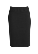 A black, lined women's skirt with a relaxed fit and smooth fabric. It features a simple design and includes branding.