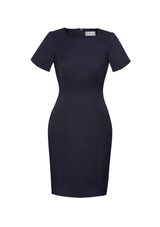 A fitted women's short sleeve shift dress in navy blue with a crew neckline and a tailored design. A fitted women's short sleeve shift dress in navy blue with a crew neckline and a tailored design.