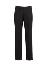 Men's flat front pants in black with a logo. Designed for comfort and style, perfect for casual or formal wear.