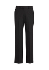 A pair of black men's flat front slacks made from comfort wool with a subtle stretch. Features a logo on the label.