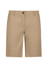 A pair of women's chino shorts in a light khaki colour, featuring a front button and pockets, with a logo. A pair of women's chino shorts in a light khaki colour, featuring a front button and pockets, with a logo.