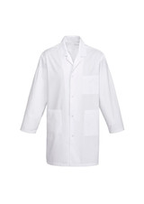 A white unisex classic lab coat with long sleeves and multiple pockets, featuring a logo.