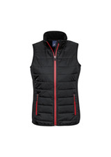 A black women's vest with a zip front, featuring red accents and side pockets. It has a high collar.