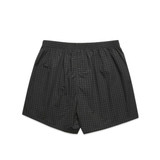 Boxer check shorts in dark grey with a patterned design and an elastic waistband. Features branding on the waistband.