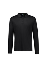 A black long sleeve polo shirt featuring a collar, buttons, and a logo on the chest area.