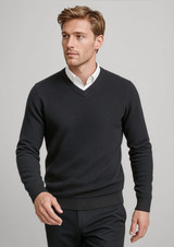 A knitted jumper in dark grey with a v-neck design, featuring long sleeves and a ribbed hem.