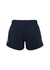 A pair of women's sports shorts in navy blue with an elastic waistband and reflective logo details.