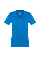 A blue women's short sleeve tee with a V-neck design and a small logo on the inside.