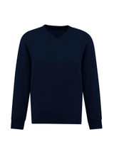 A navy knitted pullover with a V-neck design and long sleeves. It features a logo on the side. A navy knitted pullover with a V-neck design and long sleeves. It features a logo on the side.