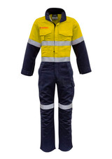 A men's overall featuring a bright yellow and navy design with reflective hoop tape. It has a logo on the chest. A men's overall featuring a bright yellow and navy design with reflective hoop tape. It has a logo on the chest.