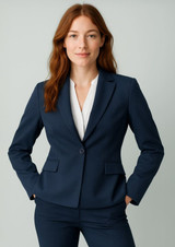 A navy blue women's blazer with a single button and two front pockets, featuring a tailored fit.