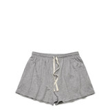 A pair of grey sports shorts with an elastic waistband and drawstring. Features a logo on the waistband.