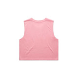 A pink crop tank top with a simple, sleeveless design and a logo on the back.